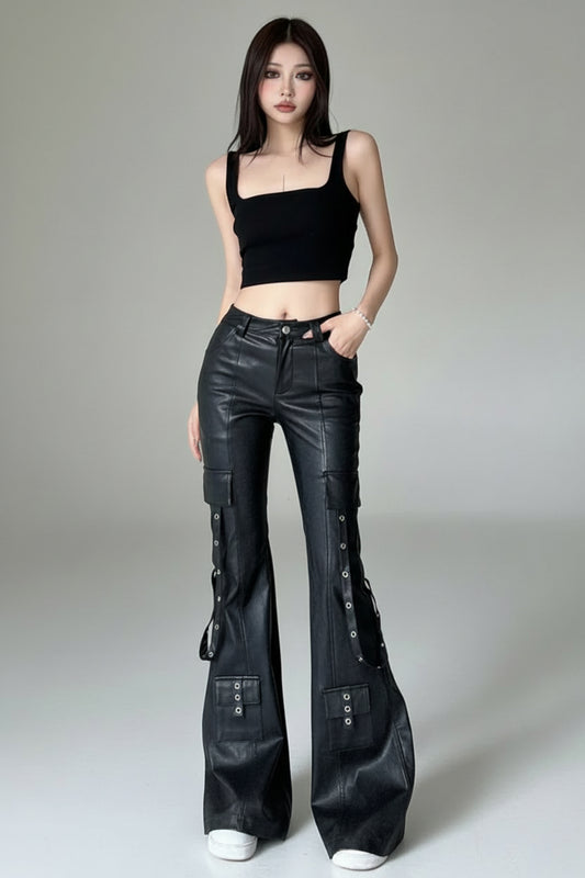 Visual Kei Black Faux Leather Cargo Flare Pants with Grommet Detail Shoptery