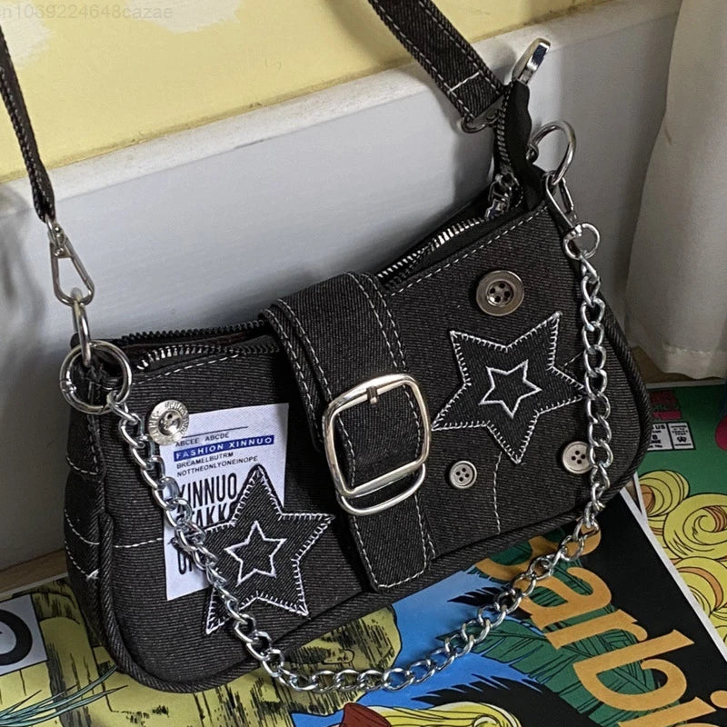 Cosmic Y2k Buckle Bag Denim Black Shoptery