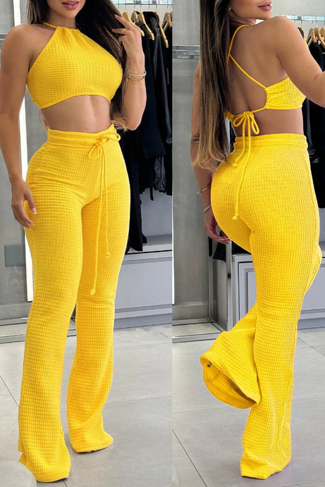 Women's Waffle Solid Color Strap Top Tight Pants Set