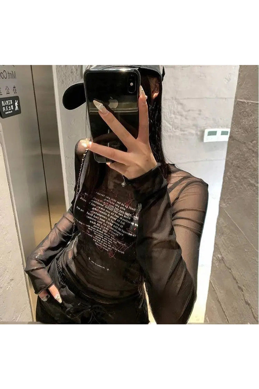 Y2k Sheer Black Text Graphic Mesh Long Sleeve Top black One Size Shoptery