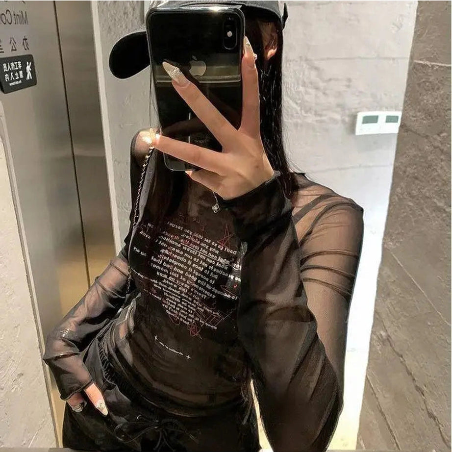 Y2k Sheer Black Text Graphic Mesh Long Sleeve Top black One Size Shoptery