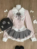 Jirai Kei Black Lace Bolero & Ivory Ruffle Blouse Plaid Skirt Set 3733 Pink Dress Set Shoptery