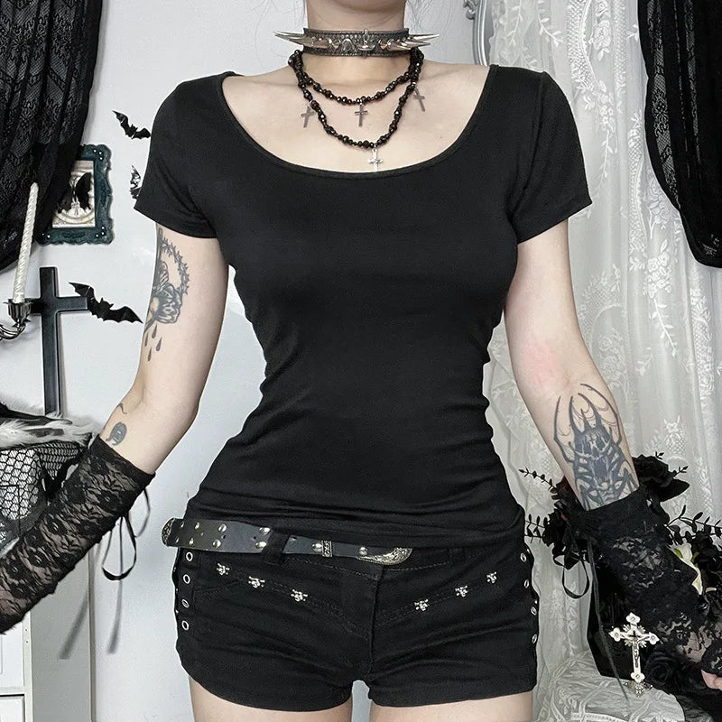 Visual Kei Slashed Fishbone Ring & Safety Pin Cutout Black Tee Shoptery