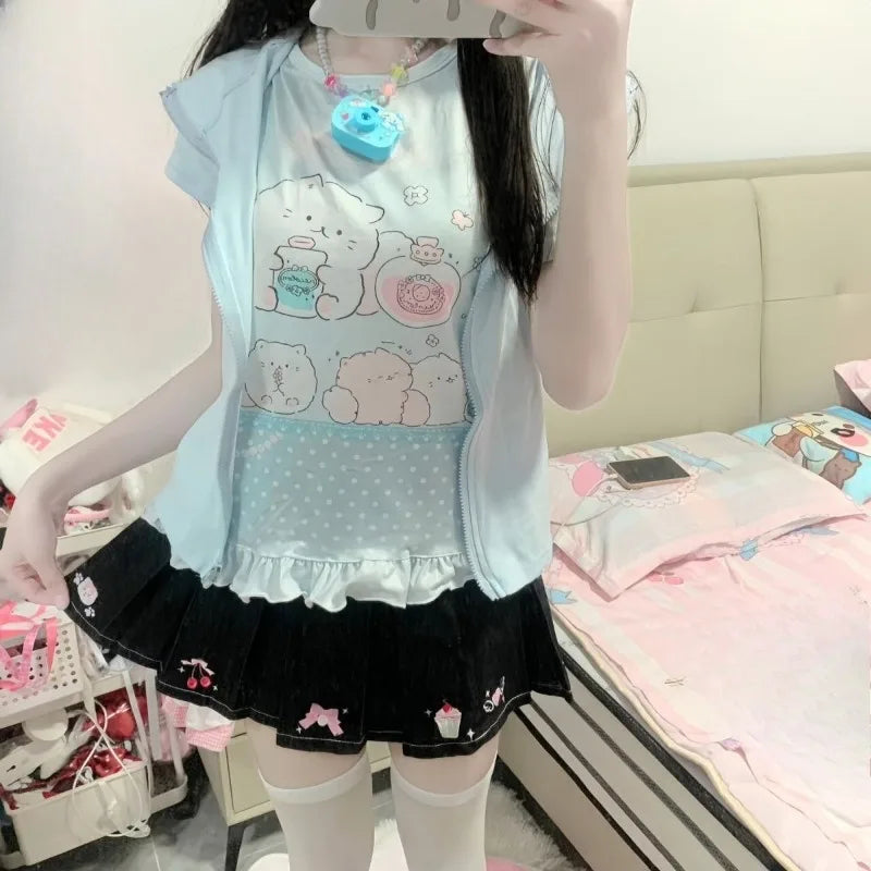 Fairy Kei Pastel Kawaii Cat Print Ruffle Hem Short Sleeve Top Shoptery