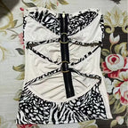 Gyaru Zebra Print Studded Zip-Up Ruched Strapless Corset Top Shoptery