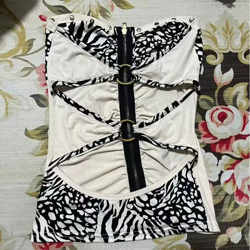 Gyaru Zebra Print Studded Zip-Up Ruched Strapless Corset Top Shoptery