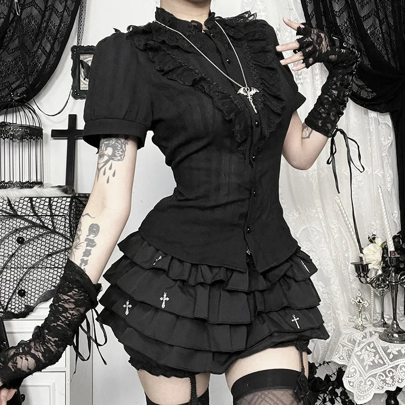 Jirai Kei Black Lace Ruffle Blouse with Bat Cross Necklace Shoptery