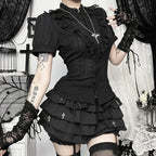 Jirai Kei Black Lace Ruffle Blouse with Bat Cross Necklace Shoptery