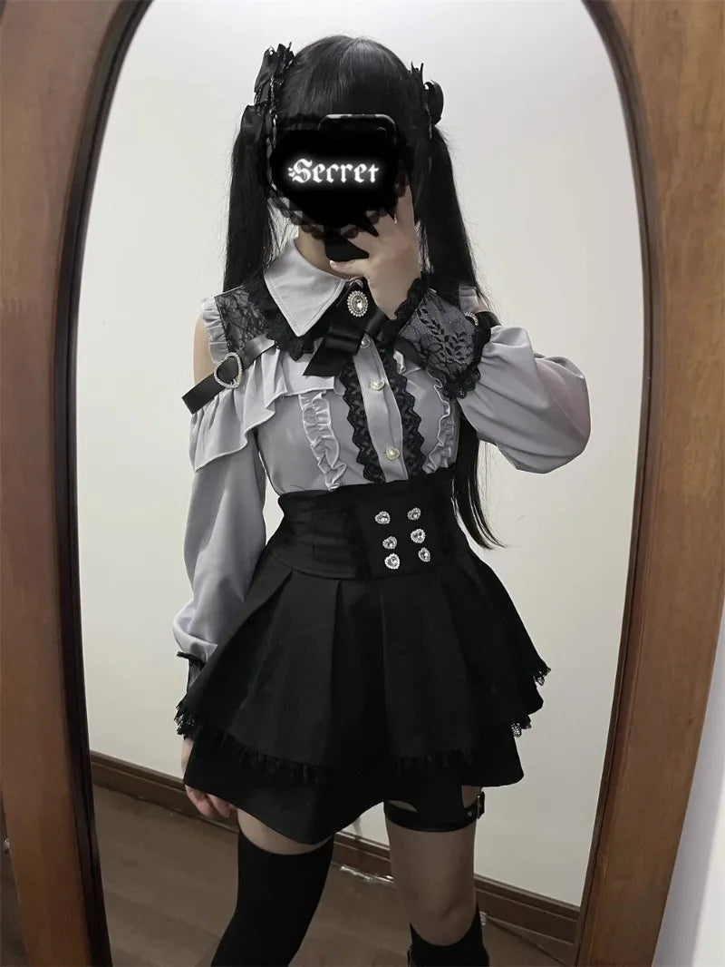 Jirai Kei Red Ruffle Blouse & Black Pleated Skirt Gothic Set Shoptery