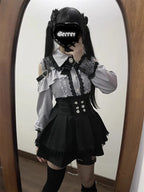 Jirai Kei Red Ruffle Blouse & Black Pleated Skirt Gothic Set Shoptery
