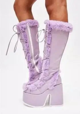 Jirai Kei Faux Fur Lace-Up Knee-High Platform Boots Shoptery