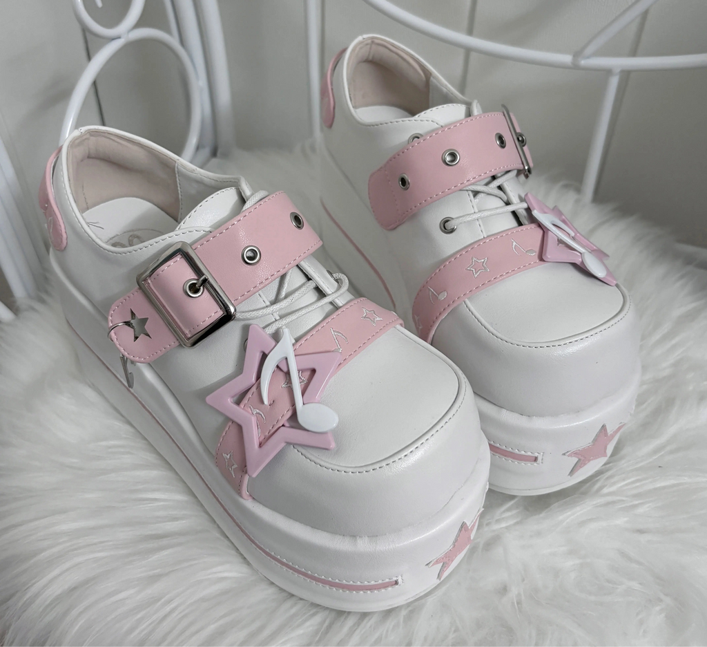 Fairy Kei Star Charm Platform Sneakers with Buckle Strap Pink Shoptery