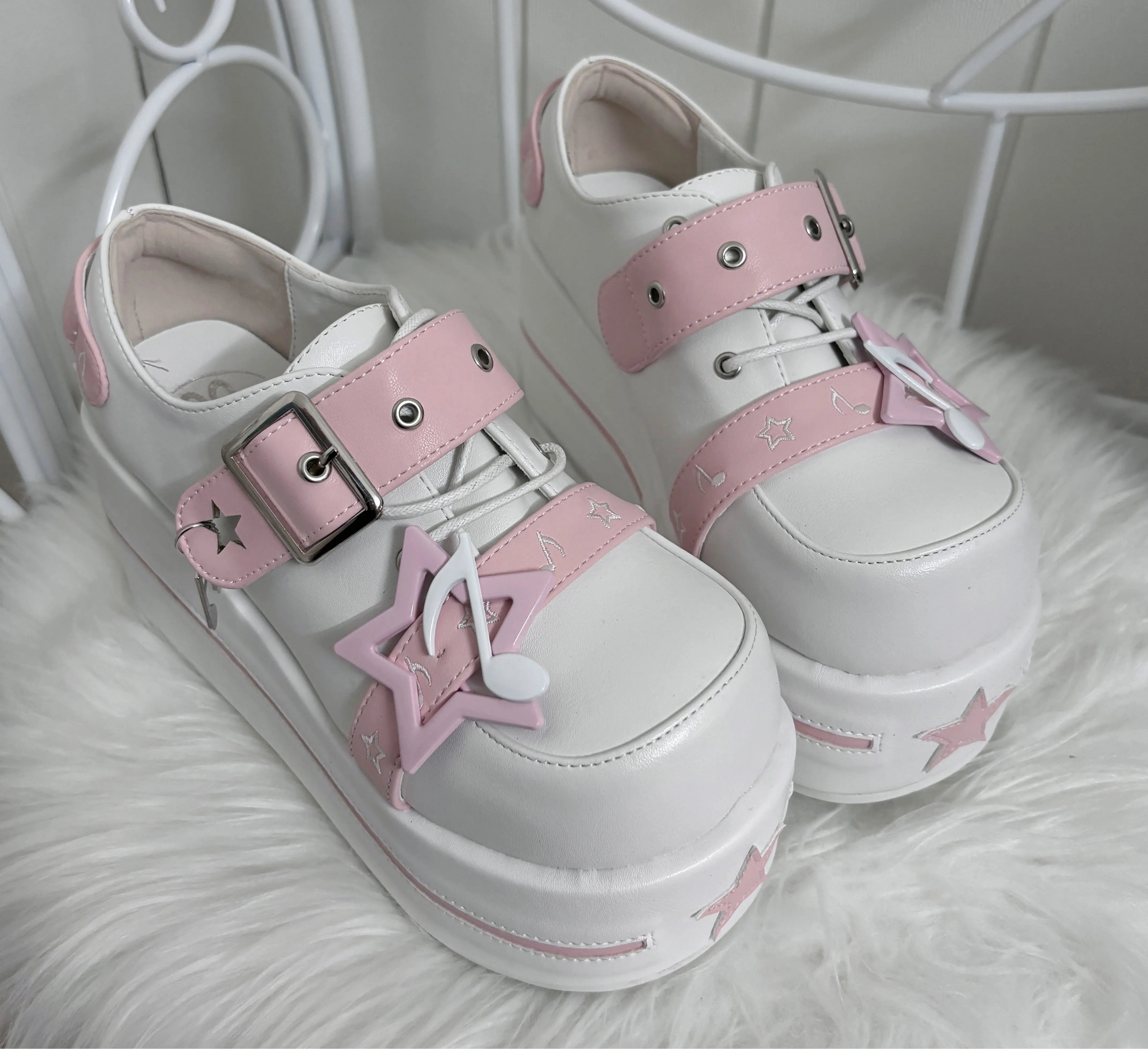 Fairy Kei Star Charm Platform Sneakers with Buckle Strap Pink Shoptery
