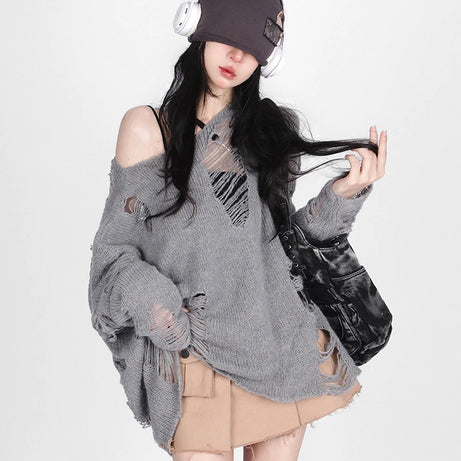 Shattered Threads Y2k Distressed Sweater GRAY One Size Shoptery