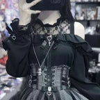 Jirai Kei Gothic Lace & Gingham Cold-Shoulder Corset Mini Dress Set Top Shoptery
