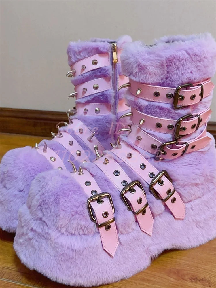 Jirai Kei Pastel Faux Fur Platform Boots with Spiked Buckle Straps customized color China Mainland Shoptery