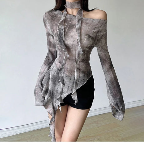 Ruin Drape Witch Y2k Blouse Gray Shoptery