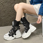 Jirai Kei Red Gingham Platform High-Top Lace-Up Boots with Star Buckle black Shoptery