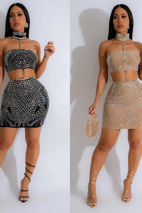 New Rhinestone Dress 2 Piece Skirt Sets