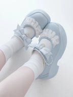 Fairy Kei Pastel Blue Plaid Skirt & Lace Bow Mary Jane Sneaker Set blue Shoptery