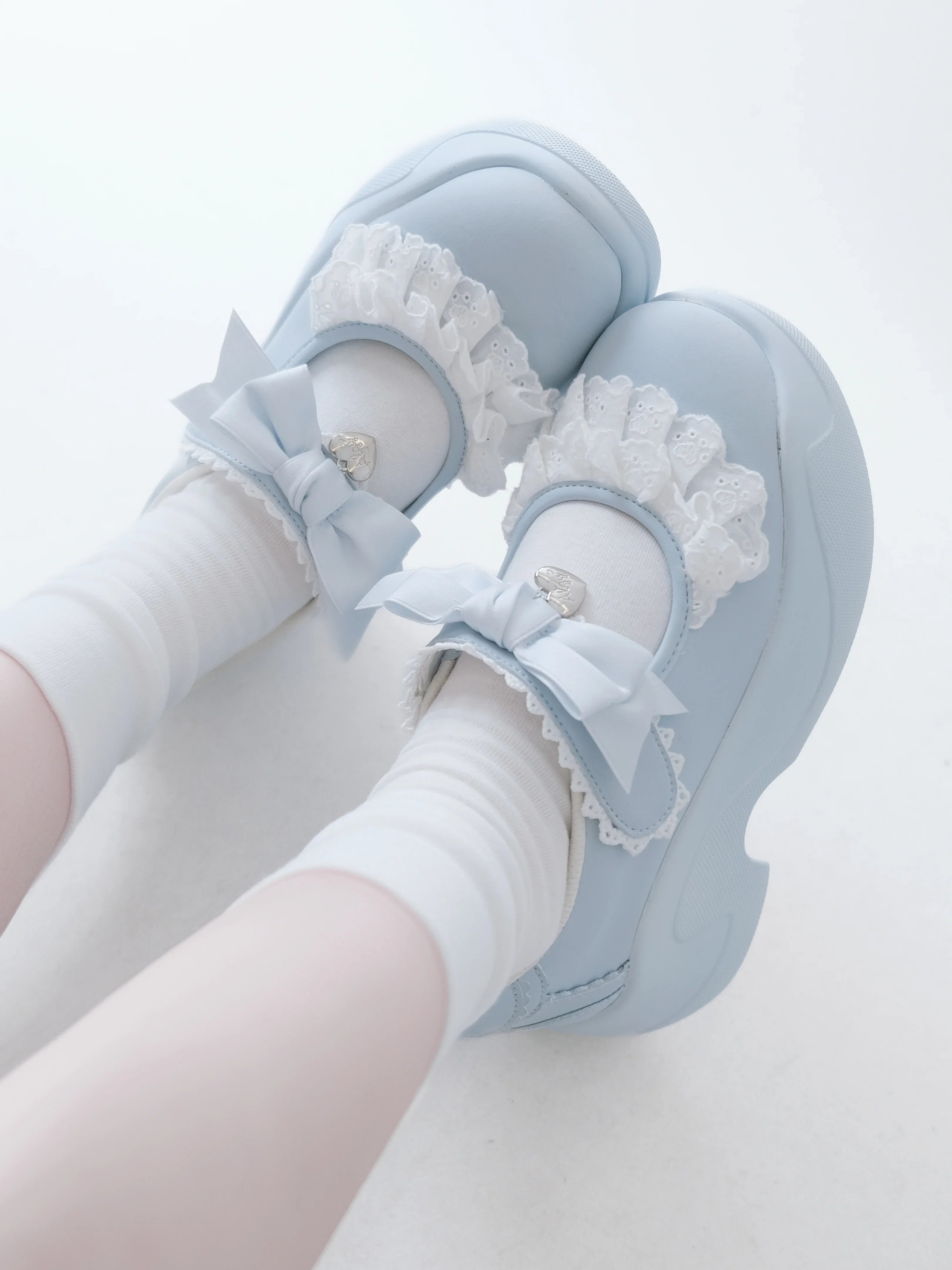 Fairy Kei Pastel Blue Plaid Skirt & Lace Bow Mary Jane Sneaker Set blue Shoptery
