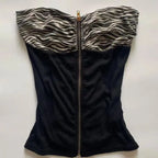 Gyaru Zebra Print Studded Zip-Up Ruched Strapless Corset Top black Shoptery