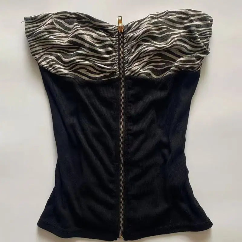Gyaru Zebra Print Studded Zip-Up Ruched Strapless Corset Top black Shoptery