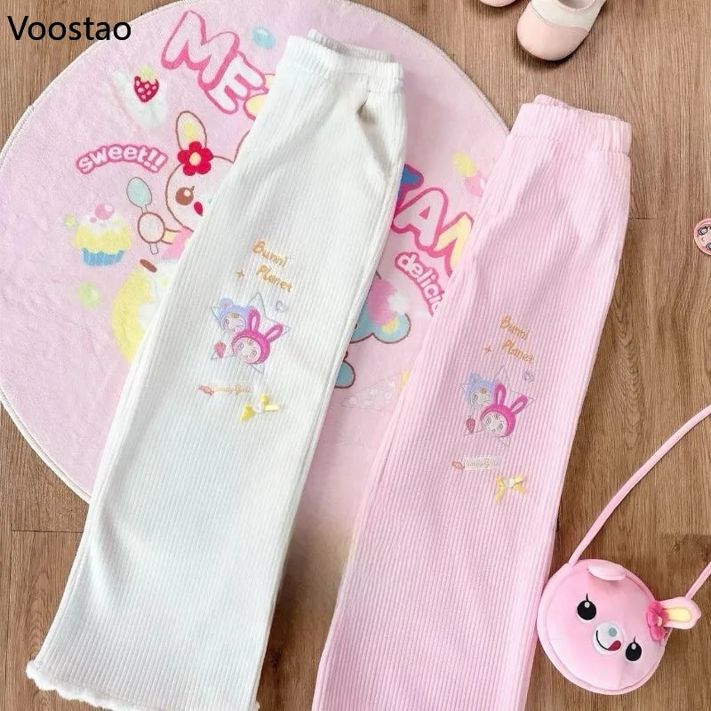 Fairy Kei Bunni Planet Embroidered Wide-Leg Ribbed Trousers Secondary image