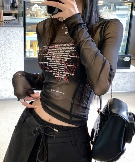 Sheer Black Text Graphic Mesh Top