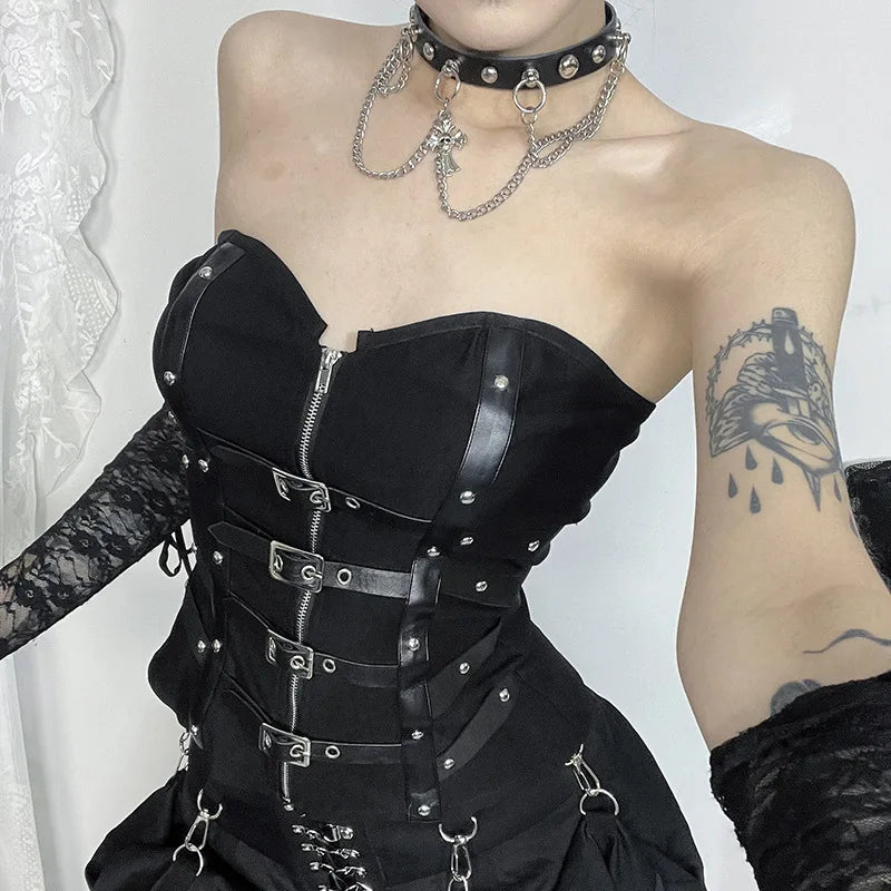 Visual Kei Black Buckle Harness Corset Top with Lace Arm Warmers Shoptery