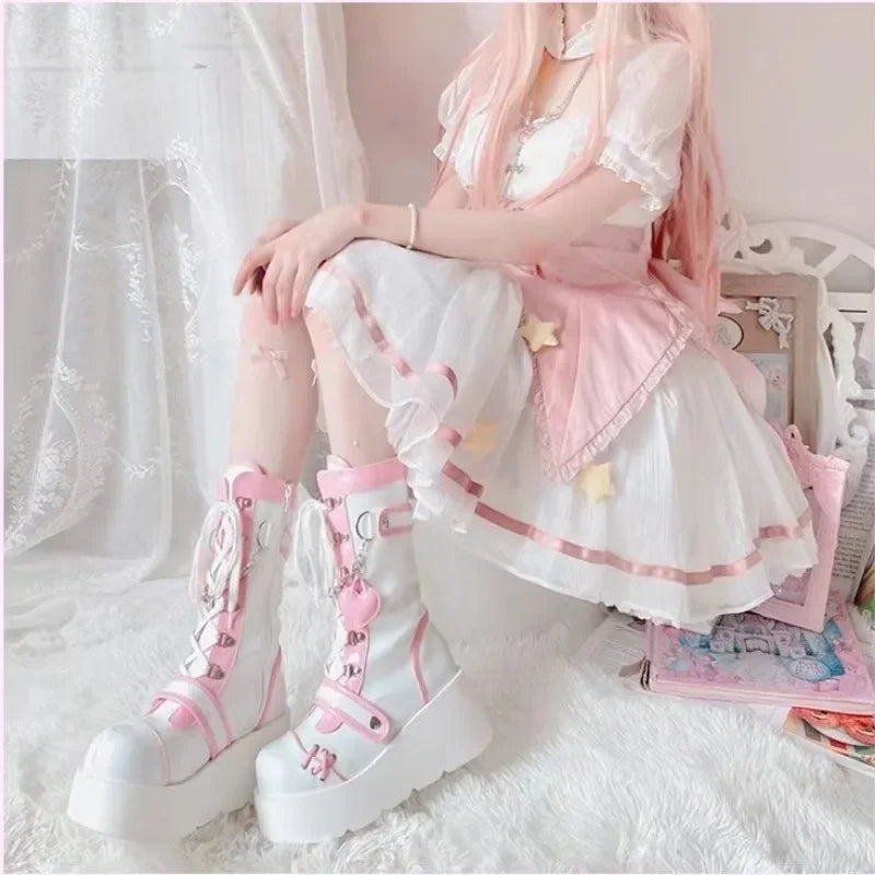 Jirai Kei Pink Heart Chain Platform Lace-Up Ankle Boots Shoptery