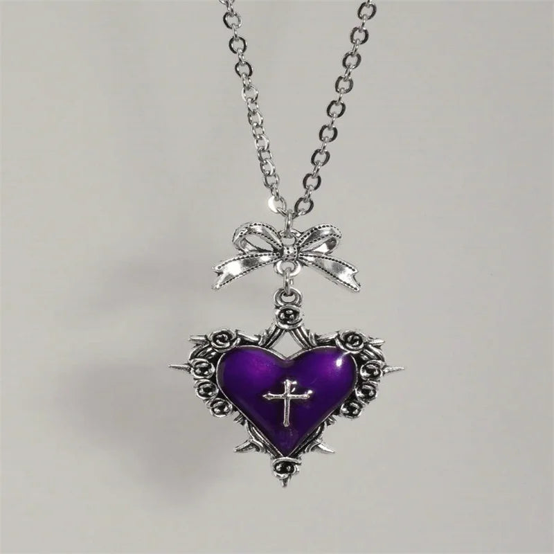 Visual Kei Gothic Cross Heart Thorn Rose Silver Pendant Necklace Shoptery