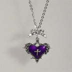 Visual Kei Gothic Cross Heart Thorn Rose Silver Pendant Necklace Shoptery