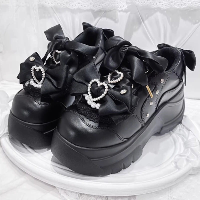 Jirai Kei Pearl Heart Bow Platform Sneakers in White black Shoptery