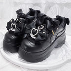 Jirai Kei Pearl Heart Bow Platform Sneakers in White black Shoptery