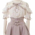 Jirai Kei Cold Shoulder Lace Blouse & Buckle High Waist Tiered Skirt Set white shirt Shoptery
