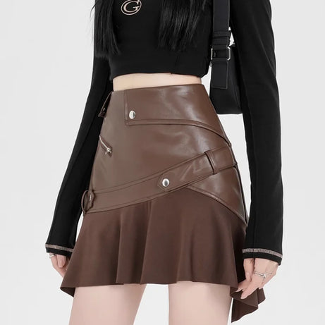 Dark Siren Y2k Zipper Skirt Khaki Shoptery
