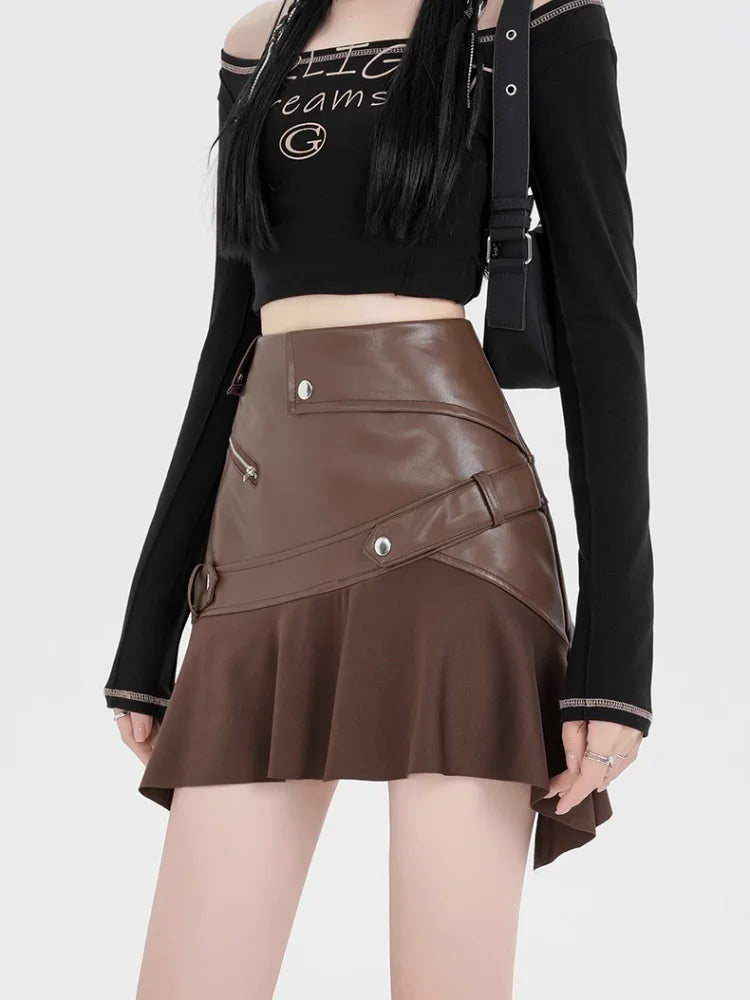 Dark Siren Y2k Zipper Skirt Khaki Shoptery