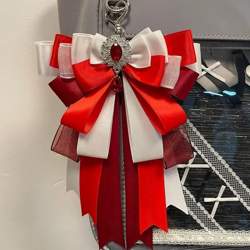 Fairy Kei Layered Satin Bow Charm Pendant with Crystal Jewel Red Shoptery