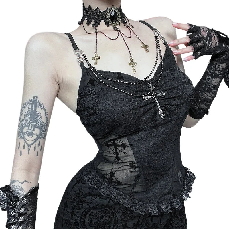 Visual Kei Gothic Cross Lace Corset Camisole Set with Arm Warmers Shoptery
