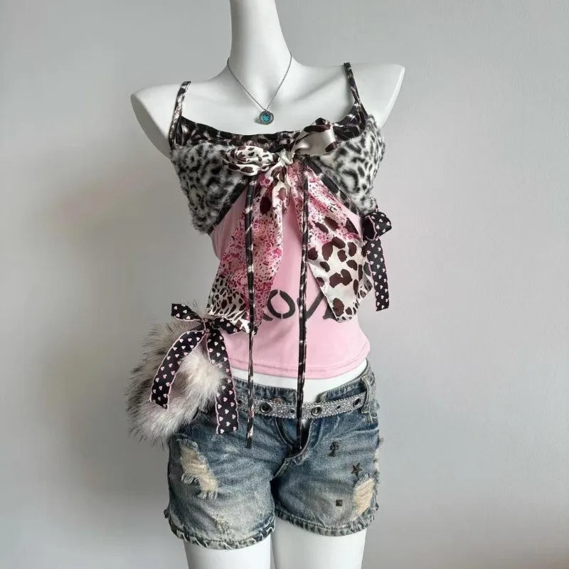 Gyaru Leopard Print Bow Ribbon Layered Cami Top Secondary image
