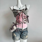 Gyaru Leopard Print Bow Ribbon Layered Cami Top Shoptery