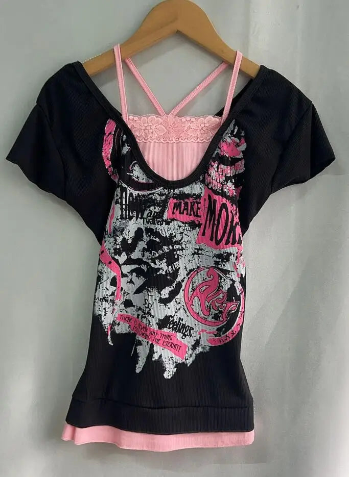 Visual Kei Skull Graphic Layered Ruffle Hem Top Pink Black Secondary image