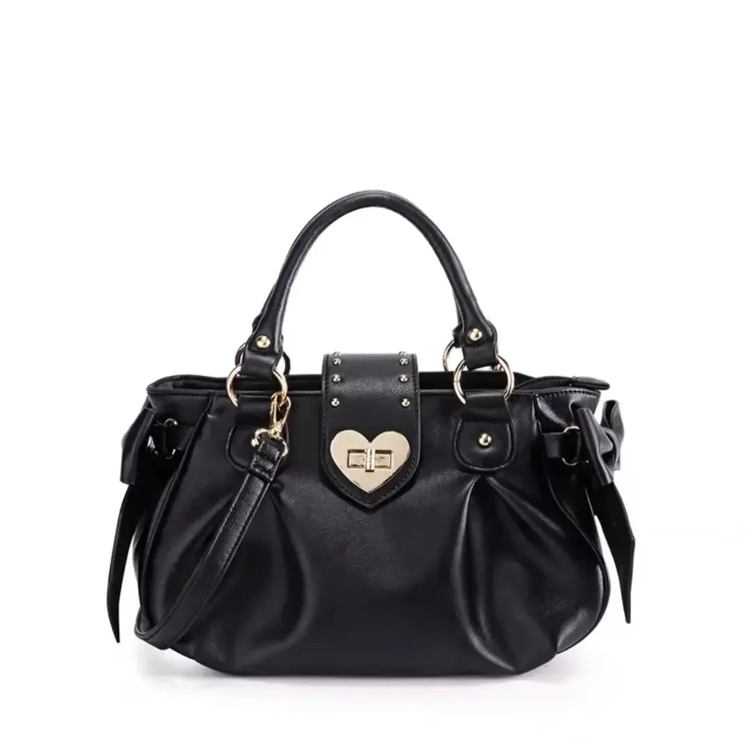 Jirai Kei Pink Heart Lock Bow Handbag with Gold Studs black Shoptery