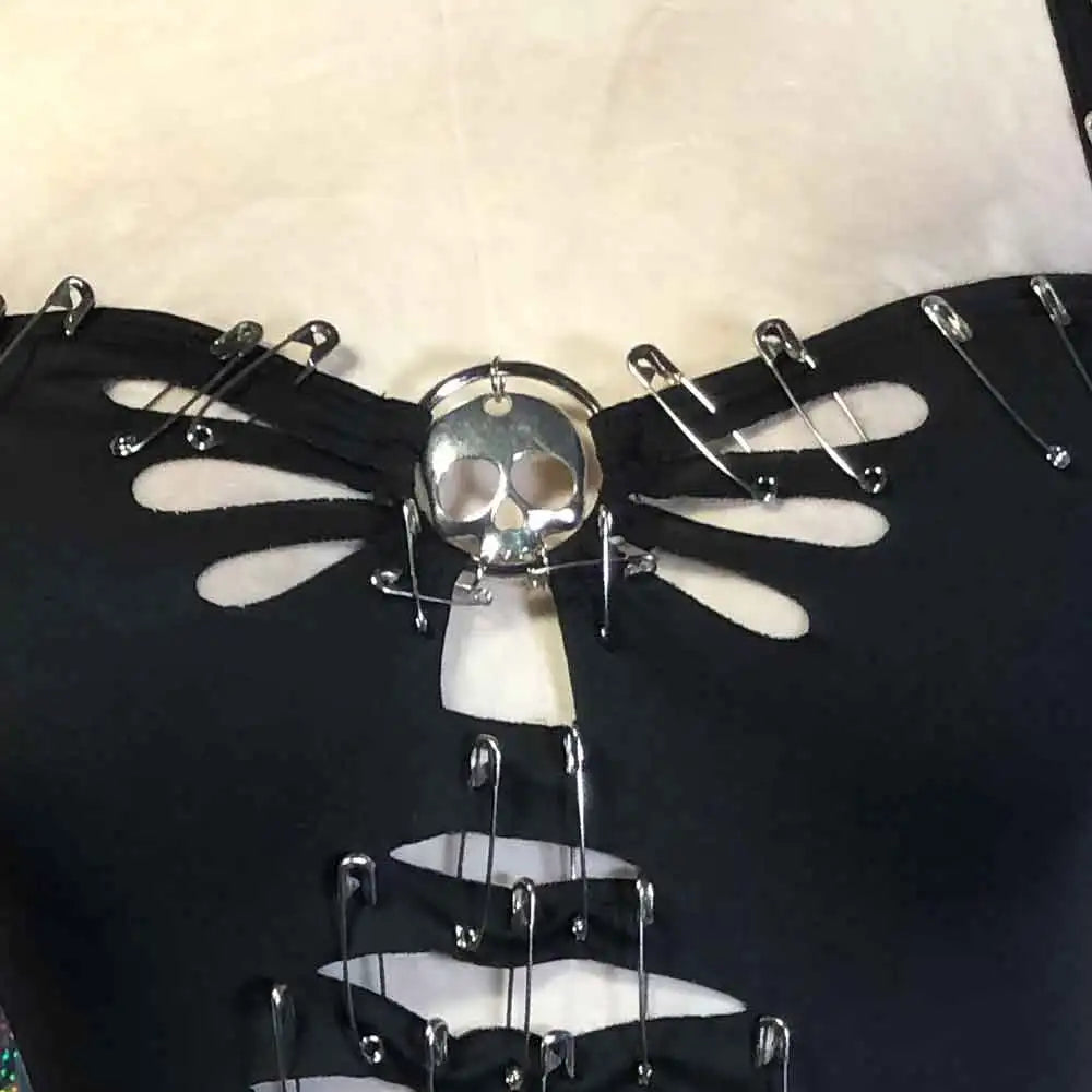 Visual Kei Skull Safety Pin Cut-Out Cage Crop Top Shoptery