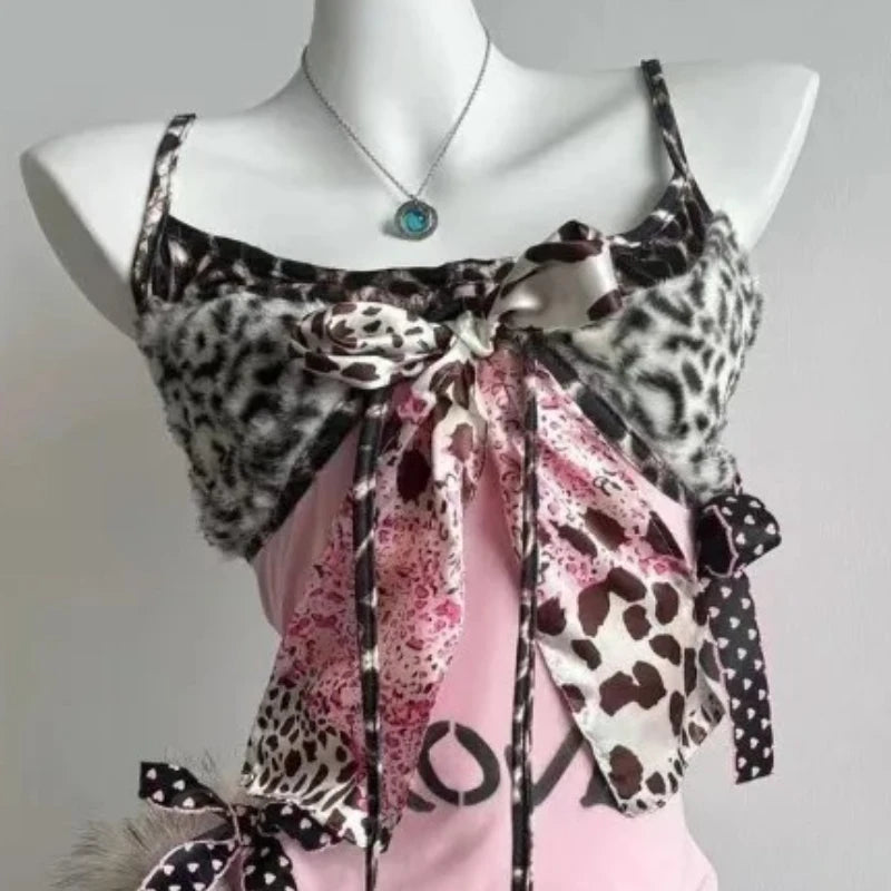 Gyaru Leopard Print Bow Ribbon Layered Cami Top Shoptery