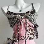 Gyaru Leopard Print Bow Ribbon Layered Cami Top Shoptery