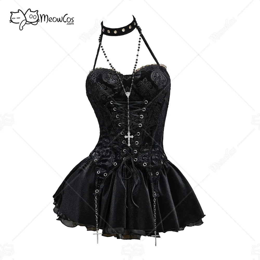 Visual Kei Black Brocade Lace-Up Corset Mini Dress with Cross Chains Shoptery