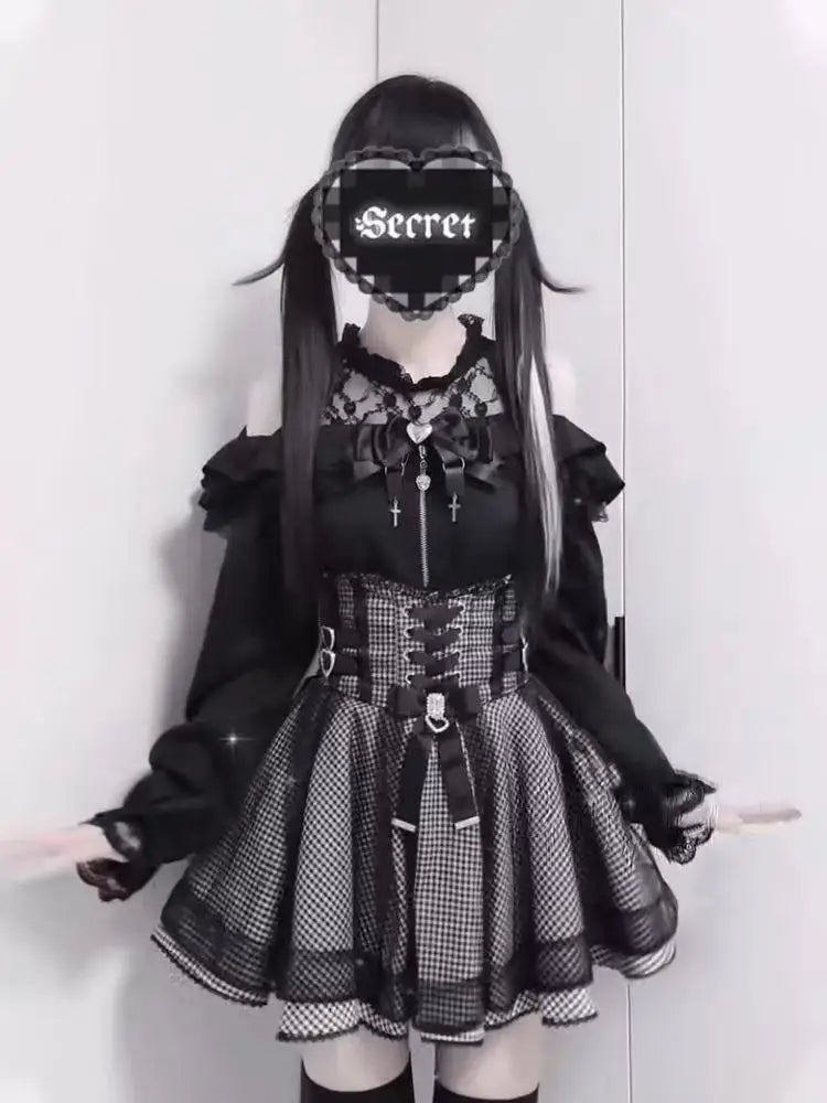 Jirai Kei Gothic Lace & Gingham Cold-Shoulder Corset Mini Dress Set Shoptery