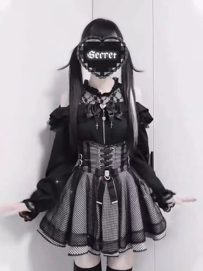 Jirai Kei Gothic Lace & Gingham Cold-Shoulder Corset Mini Dress Set Shoptery